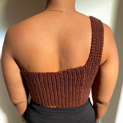 brown one-shoulder crochet top