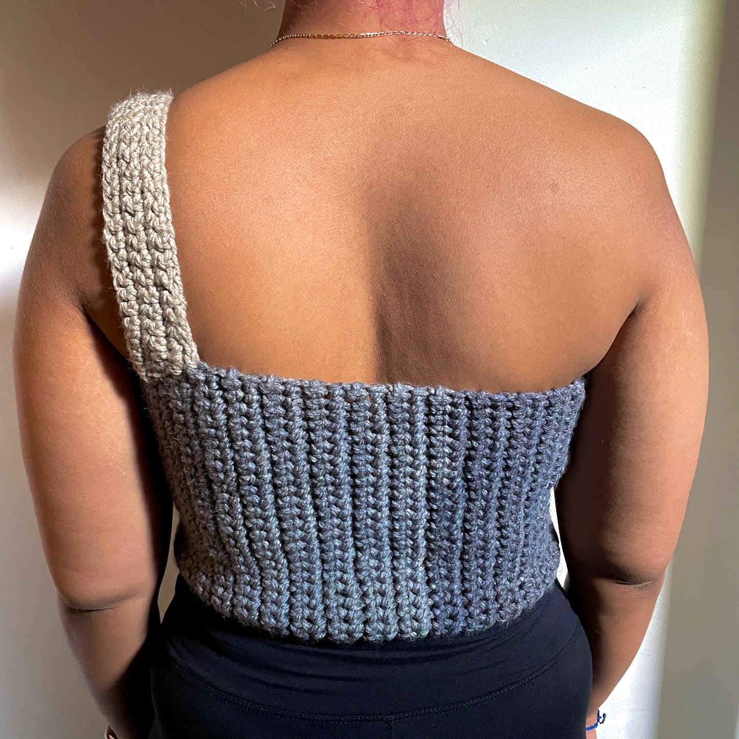 grey one-shoulder crochet top